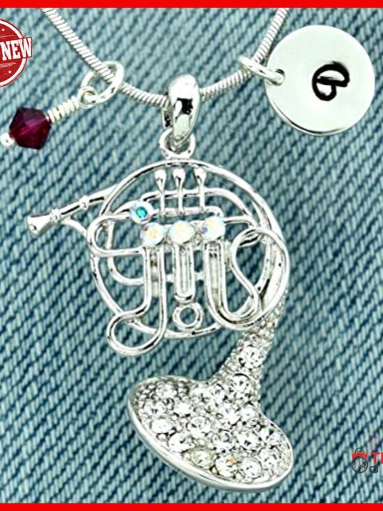Swarovski Crystal French Horn Personalized Music Necklace  French Horn Music Personalized Necklace Hand Stamped Customizable Pendant